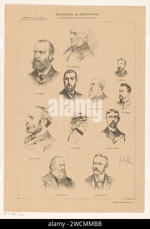 Parnellists and Nationalists : The main figures in the Irish party Struggle, Johan Braakensiek, 1890 print Portretten van Charles Stewart Parnell, William Ewart Gladstone, Thomas Sexton, John Dillon, Justin McCarthy, Tim Healy, Michael Davitt, Katharine O'Shea, Williem O'Brien, Robert Gascoyne-Cecil et Arthur Balfour. politicien de papier, p. ex. chef de parti. Personnes historiques Irlande Banque D'Images