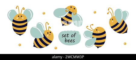 Ensemble d'abeilles volantes mignonnes dans le style de bande dessinée. Illustration de Vecteur