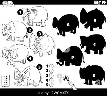 illustration de dessin animé de trouver les ombres à droite pour le jeu éducatif d'images avec des éléphants animaux personnages à colorier page Illustration de Vecteur