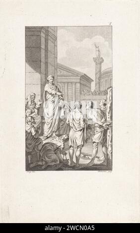 Lucius Junius Brutus prononce le jugement contre ses fils, Ludwig Gottlieb Portman, après Jacobus achète, 1793 print Titus et Tibère, les fils du consul romain Lucius Junius Brutus, ont été impliqués dans une conspiration pour aider la monarchie au pouvoir à nouveau. Mais leurs plans ont été contrecarrés et ils ont été emprisonnés. Ils sont condamnés à mort par leur père. Le papier d'Utrecht gravure Brutus prononce le verdict condamnant ses deux fils Banque D'Images