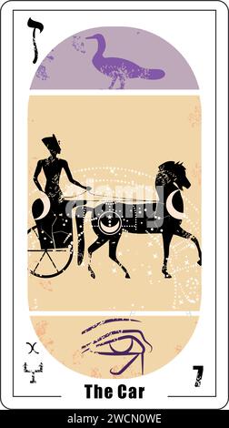 Carte de tarot égyptien numéro sept, appelé le char. Ancien char de guerre avec des chevaux. Égyptien Illustration de Vecteur
