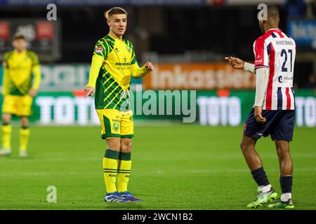 Rotterdam, Nederland. 16 janvier 2024. ROTTERDAM, NEDERLAND - JANVIER 16 : Maikey Houwaart d'ado Den Haag fait des gestes lors du match de 3e tour de la Toto KNVB Cup entre l'Excelsior Maassluis et ado Den Haag au Sparta-Stadion Het Kasteel le 16 janvier 2024 à Rotterdam, Nederland. (Photo Hans van der Valk/Orange Pictures) crédit : dpa/Alamy Live News Banque D'Images