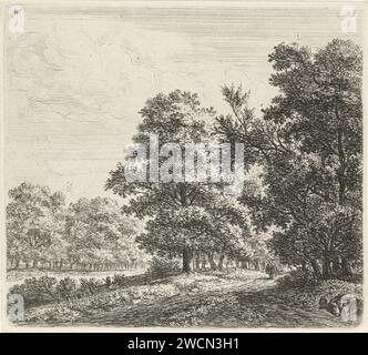 Deux chemins forestiers, Anthonie Waterloo, 1773 - 1832 imprimer deux chemins forestiers sont parallèles l'un à l'autre. Un homme marche sur le bon chemin. Un homme dort devant à droite. Chemin ou ruelle de forêt de gravure de papier de Paris. paysages (+ paysage avec figures, staffage). Dormir sur le sol - BB - hors des portes Banque D'Images