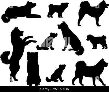 Collection de silhouettes de chien japonais Akita ou Akita Inu race Illustration de Vecteur