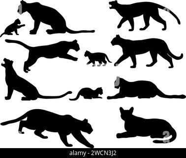 Collection de silhouettes de couguars également nommés pumas ou lions de montagne et ses oursons Illustration de Vecteur