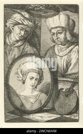 Les portraits de Hubert, Jan et Margaretha van Eyck, Jan l'Admiral, 1764 impriment trois portraits numérotés. Portrait de Hubert van Eyck (no 1), Jan van Eyck (no 2) et Margaretha van Eyck (no 3). Imprimer en bas à droite marqué : b*. gravure du papier Banque D'Images