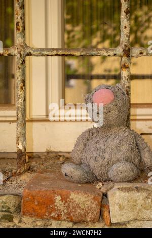 chat jouet en peluche laissé sans maison, jouets pour enfants, chat jouet sur une fenêtre avec des barres Banque D'Images