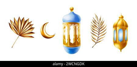 Ensemble d'aquarelle d'herbe de pampas dorée, branche de palmier dattier, lune dorée et illustrations de lanterne arabe islamique isolées sur fond blanc. Botanique, Banque D'Images