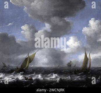 Paysage marin et bateaux de pêche, peinture de Ludolf Bakhuizen Banque D'Images