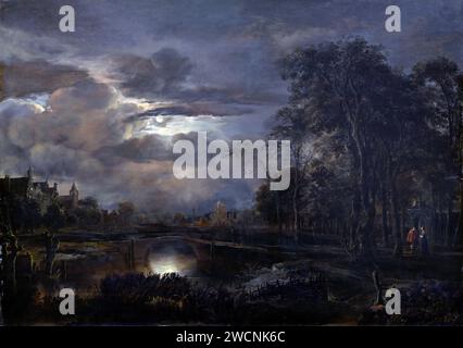 Paysage clair de lune avec pont, peinture par Aert van der Neer Banque D'Images