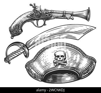 Ensemble de paraphernalia pirate. Sabre, pistolet, chapeau avec Jolly Roger. Illustration vectorielle dessinée à la main Illustration de Vecteur