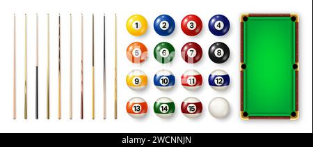 Boules de billard avec des numéros, divers repères et table de billard verte. Boule de snooker brillante. Équipement de sport, loisirs et passe-temps, jeu compétitif. Vecteur Illustration de Vecteur