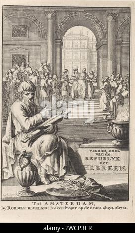 Juifs dans un temple, écran Laurens, 1701 estampe dans un temple, un groupe de juifs regarde une femme se nourrir de deux hommes parce qu'elle est en état d'accusation. Avant gauche est un prophète juif avec un écrit sur ses genoux. Page de titre de gravure de papier Amsterdam. Les Juifs, la vie juive. défilement. Tabernacle, Temple, Synagogue et autres sanctuaires  religion juive Banque D'Images