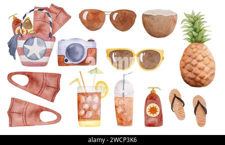 L'ensemble d'images aquarelle peinte à la main comprend sac de plage, palmes, appareil photo, cocktail et autres Clipart d'été Banque D'Images