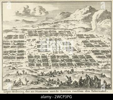 Camps de tentes des douze tribus d'Israël disposés autour du Tabernacle, Jan Luyken, 1683 imprimer Amsterdam papier gravure des douze tribus d'Israël (pas dans le contexte biblique). Tabernacle, 'mishkan'  religion juive Banque D'Images