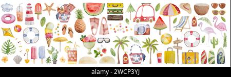 L'ensemble d'images aquarelle peinte à la main comprend sac de plage, palmes, appareil photo, cocktail et autres Clipart d'été Illustration de Vecteur
