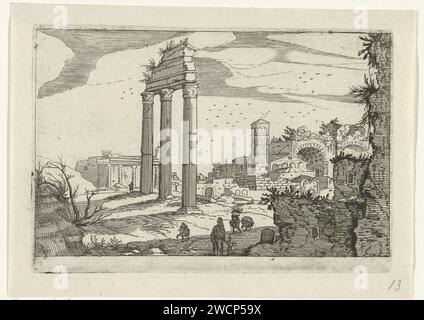 Temple de Castor et Pollux et Basilique de Constantijn, Anonyme, d'après Willem van Nielandt (II), 1594 - 1685 imprimer les trois colonnes du temple de Castor et Pollux et à droite la Basilique de Constantijn sur le forum Romanum à Rome. Au premier plan quelques chiffres. Tirage d'une série de ruines romaines, composé de copies d'une série de presse de Willem van Nieulandt. Gravure sur papier / gravure paysage avec ruines Rome Banque D'Images