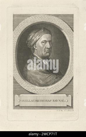 Portret van Guillaume -Thomas François Raynal, J.F. de la rue, 1711 - 1796 tirage Portrait buste à Ovaal à droite de l'écrivain français Guillaume-Thomas François Raynal, avec toile autour de la tête. Sous le portrait se trouve le nom de la personne représentée. Gravure sur papier bruxelloise Banque D'Images