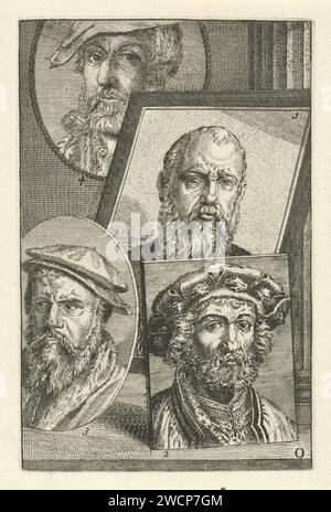 Portrait de Jan Cornelisz. Vermeyen, Jan Gossaert, Joos van Cleve et Heinrich Aldegrever, Jan l'Admiral, 1764 impriment quatre portraits d'artistes numérotés. Portrait de Jan Cornelisz. Vermeyen (no 1), Jan Gossaert (no 2), Joos van Cleve (no 3) et Heinrich Aldgrever (no 4). Imprimer en bas à droite marqué : O. gravure de papier Banque D'Images