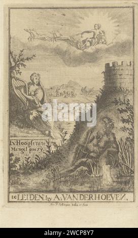 Spectacle allégorique avec un dieu du fleuve et une muse, Johannes van Solingen, 1732 impression représentation allégorique avec un dieu du fleuve et une muse dans un paysage arcadien avec un château sur une colline. Apollo conduit sa voiture en plus. Sur un mur le titre et l'auteur du livre, au bas de l'impressum. Papier de Leiden gravure des dieux de rivière. (Histoire de) Apollo (Phoebus). Muses simples Banque D'Images