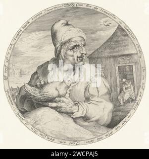 Hennentaster, Harmen Jansz Muller, 1631 - 1656 imprimer Un homme, vêtu d'une robe, avec une poule dans ses mains. En arrière-plan, dans l'embrasure de la porte, sa femme met le pantalon. Un hennentaster est un homme qui intervient avec le ménage par agitation et qui est commandé et triché par sa femme. Edge en néerlandais. Amsterdam gravure sur papier mari à bec de poule. rivalité des femmes pour l'amour d'un homme ; lutte pour le tuyau ; 'andouille' Banque D'Images
