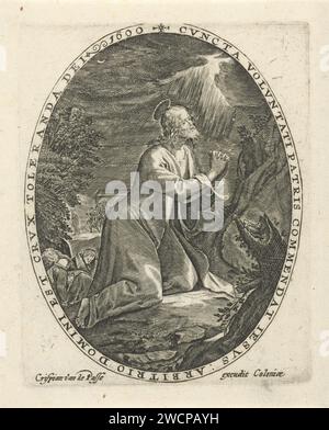 Christ dans la cour de Getsémane, Crispijn van de passe (I), 1600 print Christ prie Dieu dans la cour des olives pendant que ses étudiants dorment. En arrière-plan, Judas les soldats pointe l'endroit où Christ prie. Le spectacle est pris dans un cadre ovale avec un bord écrit en latin. Imprimer à partir d'une série avec la passion du Christ. Gravure sur papier Cologne agonie du Christ ; trois (ou onze) apôtres dormant. Prière du Christ dans le jardin de Gethsémani pendant la nuit Banque D'Images
