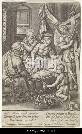 Christkind dort à de Wieg, Hieronymus Wierix, 1563 - avant 1619 imprimer l'enfant Christ dort paisiblement dans son berceau. Sur la tête de lit un ange avec les outils de passion. Maria, Joseph, Elisabet et le jeune Johannes le Baptiste sont autour du berceau. Au premier plan un panier avec des fruits et un chien. Dans la marge, une légende de six lignes, en deux colonnes, en latin. Anvers gravure sur papier Sainte famille avec Jean Baptiste, Elisabeth présente (+ ange(s)). berceau, berceau. Instruments uniques de la passion. chien Banque D'Images