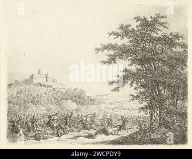 Combat équestre au fort Königstein, Gerardus Emaus de Micault, 1813 - 1863 imprimer Une bataille avec des cavaliers se déroule dans une plaine avec fête des arbres. Sur une colline en arrière-plan le fort Königstein. Pays-Bas papier gravure guerre ; affaires militaires (+ cavalerie, cavaliers) Banque D'Images