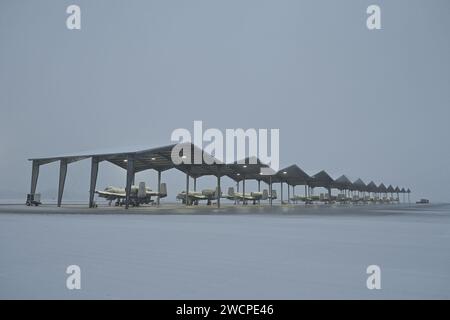 Des avions a-10C Thunderbolt II sont stationnés sur la ligne de vol pendant une tempête hivernale à la base de la Garde nationale de Selfridge Air, Michigan, le 11 janvier 2024. Avion de la 127th Wing, Michigan Air National Guard, « Stand Ready » pour soutenir l'entraînement et les missions opérationnelles dans toutes les conditions à Selfridge Air National Guard base. (Photo de la Garde nationale aérienne américaine par Tom Demerly) Banque D'Images