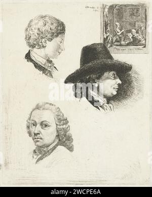 Feuille d'étude avec des portraits de Louis Bernard Coclers et de sa famille, Louis Bernard Coclers, tirage 1780 Portrait buste de Louis Bernard Coclers avec chapeau noir à droite. Portrait buste de son fils, en haut à gauche, et d'un homme (peut-être son frère Philippe Henri Coclers), en bas à gauche. En haut à droite une image d'une impression qu'il a faite avec un magasin de poulaillers. Leiden papier gravure de l'artiste et sa famille, parents, etc (+ portrait, autoportrait de l'artiste). impression, par exemple : gravure, gravure, lithographie Banque D'Images