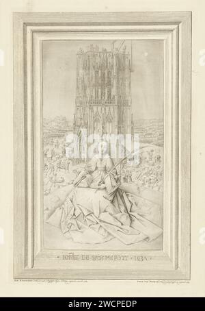 Sainte Barbara, Cornelis du Nord, d'après Jan van Eyck, 1769 estampe Sainte Barbara, assise, vue de face, avec branche de palmier dans la main gauche et livre de prière sur vos genoux. Derrière elle la construction de la tour d'une cathédrale. Imprimer sur la peinture de Jan van Eyck. Le spectacle est collé sur une feuille séparée avec la liste gravée. Au bas de la liste, la signature de Jan van Eyck et de l'année 1437. Haarlem papier gravure de la vierge martyr Barbara ; attributs possibles : livre, canon (boule), couronne, croix, calice avec gaufrette, Dioscuros (son père), plume de paon, épée, torches, les outils de mason, tour. Banque D'Images