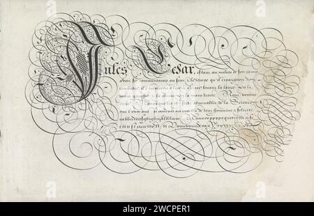 Exemple d'écriture : Jules Cesar, 1605 estampe exemple d'écriture avec un J initial orné et huit lignes de texte : Jules Cesar ... en bas d'un alphabet moulé inférieur dans la main en question. Le texte est encadré par curl. L'impression fait partie d'un album. Imprimeur : Haarlemafter design by : Rotterdam papier gravure calligraphie Banque D'Images