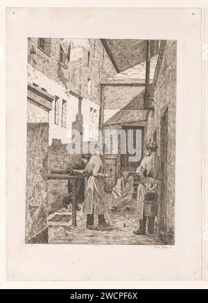 Quatre personnages jouent un jeu avec des bouchons dans une ruelle, Josué Dupon, 1887 gravures sur papier gravant des jeux et des jeux pour enfants. lane, alley Banque D'Images