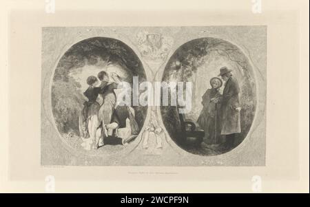 Deux ovales avec un couple jeune et vieux, Charles Rochussen, 1855 impriment deux images avec des médaillons décorés de tumbles. Gauche : un jeune homme qui coupe les premières lettres de son nom dans un arbre en présence d’une jeune femme. Droite : peut-être la même paire au même endroit à la vieillesse. Un sablier et un arc entre les médaillons. Réunion des amoureux de la gravure sur papier d'Amsterdam. forêt, bois Banque D'Images