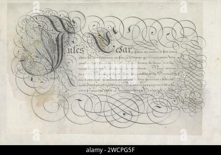 Dessin d'un exemple d'écriture : Jules Cesar (...), 1605 dessin calligraphique avec J initial orné et huit lignes texte : Jules Cesar ... en bas, un alphabet de cabinet inférieur dans la main en question. Le texte est encadré par curl. Le dessin fait partie d'un album. Papier Rotterdam. stylo à encre / calligraphie calligraphie Banque D'Images