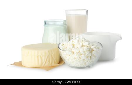 Différents produits sans lactose isolés sur blanc Banque D'Images