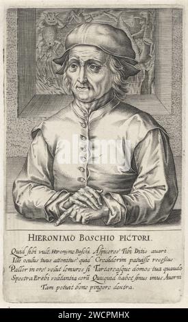 Portrait de Jheronimus Bosch, Hendrick Hondius (I), d'après Cornelis Cort, d'après Jheronimus Bosch, 1610 impression dans le fond des démons en enfer. Dans la marge une légende de neuf -RAW, en trois colonnes, en latin. papier gravure portrait, autoportrait de peintre. représentations de l'enfer (avec les damnés et les démons), généralement avec des feux brûlants Banque D'Images