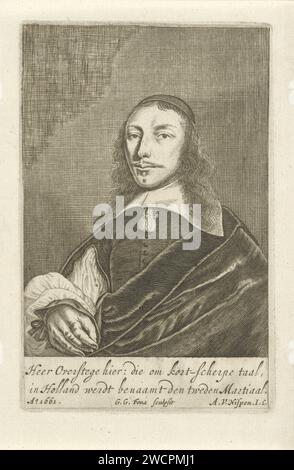 Portrait de Cornelis van Overstege, Gerrit Gerritsz van Fenaem, 1661 tirage Portrait du poète Dortse Cornelis van Overstege. Il est représenté avec un couvre-chef, un col blanc plat et une cape. Sous le portrait un verset néerlandais de deux lignes. Imprimeur : gravure sur papier Dordrechtpays-Bas Banque D'Images