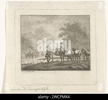 Deux soldats en conversation, Joannes Bemme, d'après Dirk Langendijk, 1800 - 1841 imprimer deux soldats se parlent dans un paysage. L'un à cheval l'autre debout à côté d'une clôture. En arrière-plan plus de soldats avec des chevaux. papier mordant le soldat ; la vie du soldat Banque D'Images