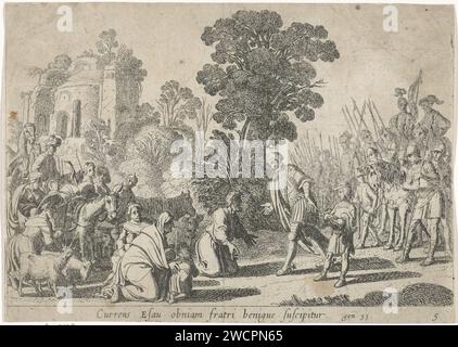 Réconciliation de Jakob et Esau, Claes Moeyaert, 1612 - 1655 print Jakob et ses femmes et enfants s'agenouillent pour son frère Esau. Son armée est derrière Esau. Au bas de la marge, une référence en latin au texte de la Bible dans Genèse 33. Amsterdam paper la rencontre entre Esau et Jacob Banque D'Images