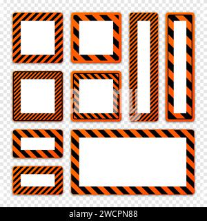 Divers panneaux d'avertissement vierges avec des lignes diagonales. Panneau orange attention, danger ou attention, signalisation du chantier de construction. Panneau d'avis réaliste Illustration de Vecteur