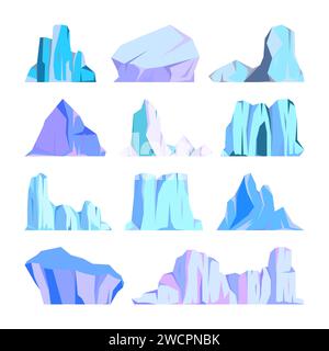 Collection de icebergs flottants.Dérive du glacier arctique, bloc d'eau océanique gelée.Des montagnes glacées avec de la neige.Pic de glace de fusion.Neige antarctique Illustration de Vecteur