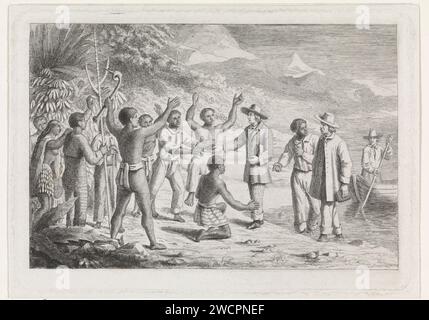Missionnaires, David van der Kellen (1827-1895), 1837 - 1885 imprimer Un groupe d'Africains accueille deux missionnaires sur la plage. Sur la droite, un homme dans un bateau à rames et des plantes sont représentées dans le groupe africain, y compris un bananier. En arrière-plan, les contours des collines et des montagnes peuvent être vus. Papier mordant les Africains. répandre l'évangile ; travail missionnaire. bateau à rames, canoë, etc Banque D'Images