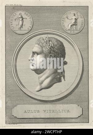 Portrait de l'empereur Vitellius, Jan Caspar Philips, 1746 estampe Médaille avec le portrait de Vitellius (Aulus Vitellius), empereur romain. Dans les coins supérieurs des pièces romaines. Pièce de gravure sur papier Amsterdam Banque D'Images