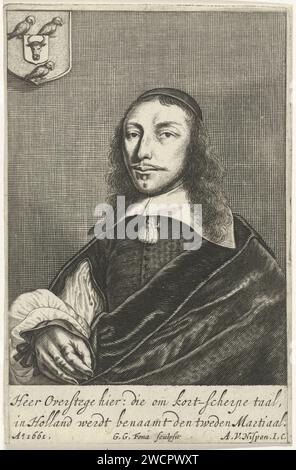 Portrait de Cornelis van Overstege, Gerrit Gerritsz van Fenaem, 1661 tirage Portrait du poète Dortse Cornelis van Overstege. Il est représenté avec un couvre-chef, un col blanc plat et une cape. En haut à gauche son arme. Sous le portrait un verset néerlandais de deux lignes. Imprimeur : gravure sur papier Dordrechtpays-Bas Banque D'Images