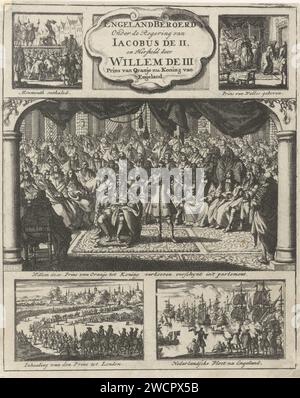 Guillaume III assiste à une session du Parlement en tant que roi, 1689, Jan Luyken, 1689 imprimer feuille avec cinq représentations de la révolution en Angleterre dans les années 1688-1689, Roi central Guillaume III qui assiste à une session du Parlement. Page de titre de gravure de papier Amsterdam. Chambre basse, Parlement, Chambre chambres du Parlement Banque D'Images