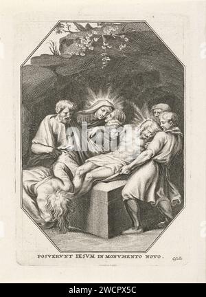 Graflegging, Cornelis Galle (I), 1586 - 1650 print Christ est placé dans la tombe par un certain nombre d'hommes. Maria Magdalena embrasse ses pieds. Douzième tirage d'une série de 13, avec des représentations de l'histoire souffrante du Christ. Gravure sur papier du sud des pays-Bas portant le corps du Christ à la tombe Banque D'Images