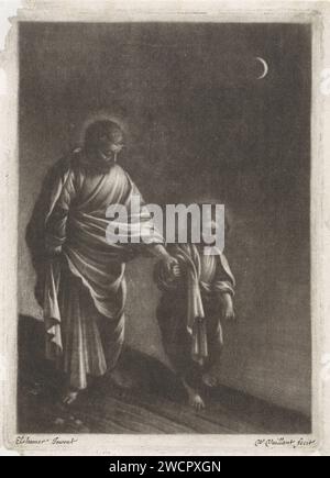 Saint Joseph avec le Christkind, Wallerant Vaillant, d'après Adam Elsheimer, 1658 - 1677 imprimer Joseph et le Christkind marchent sur une route au clair de lune. clair de lune en papier. Joseph et le Christ-enfant  la vie quotidienne à Nazareth Banque D'Images