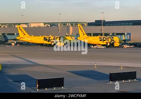 Washington, DC, États-Unis. 16 janvier 2024. Vue de Spirit Airlines avion en tant que juge fédéral à Boston bloque une fusion de 3,8 milliards de dollars JetBlue et spirt compagnies aériennes le 16 janvier 2024 à Washington, DC Credit : Mpi34/Media Punch/Alamy Live News Banque D'Images