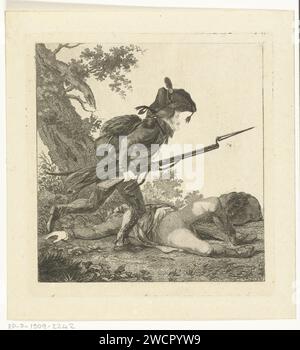 Soldat avec un fusil à la main, Joannes Bemme, 1800 - 1841 imprimer Un soldat court avec un fusil à la main. Il y a un soldat mort au sol. bataille de gravure de papier Banque D'Images